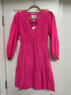 Lilly Pulitzer Hot Pink V-Neck Tiered Long Sleeve Dress
